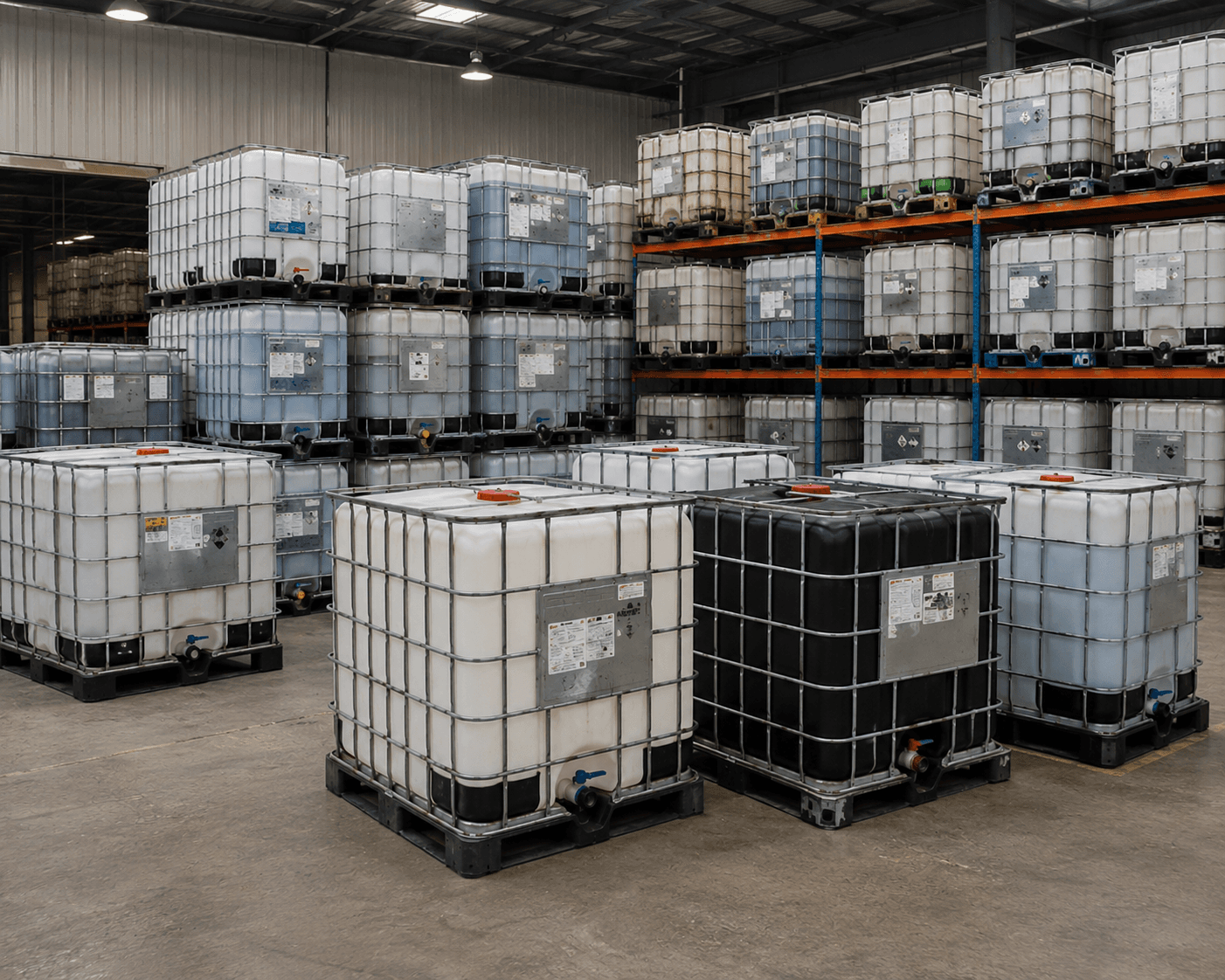 Inside our Fort Wayne warehouse - IBC totes organized and ready for processing