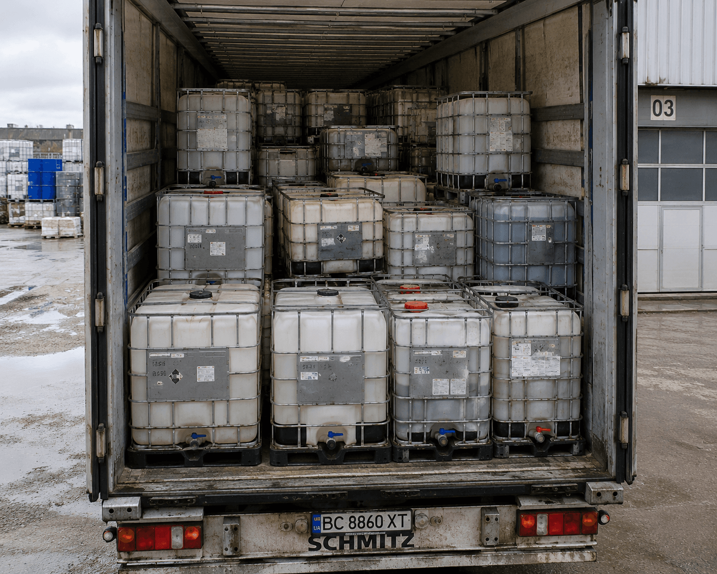 IBC totes loaded for nationwide delivery in our transport fleet